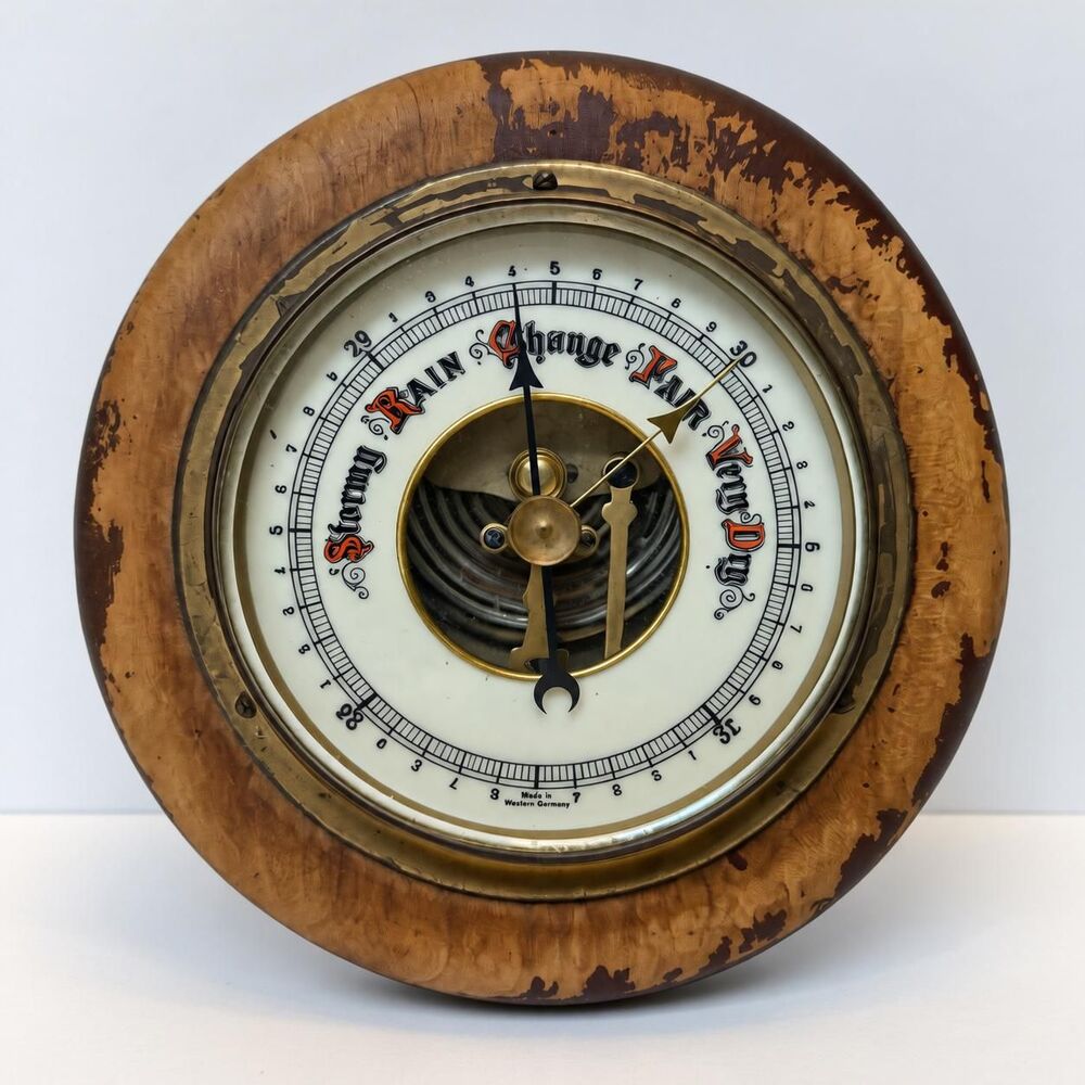 Vintage West German Barometer, Wood & Brass Wall Decor, Dial Weather Gauge